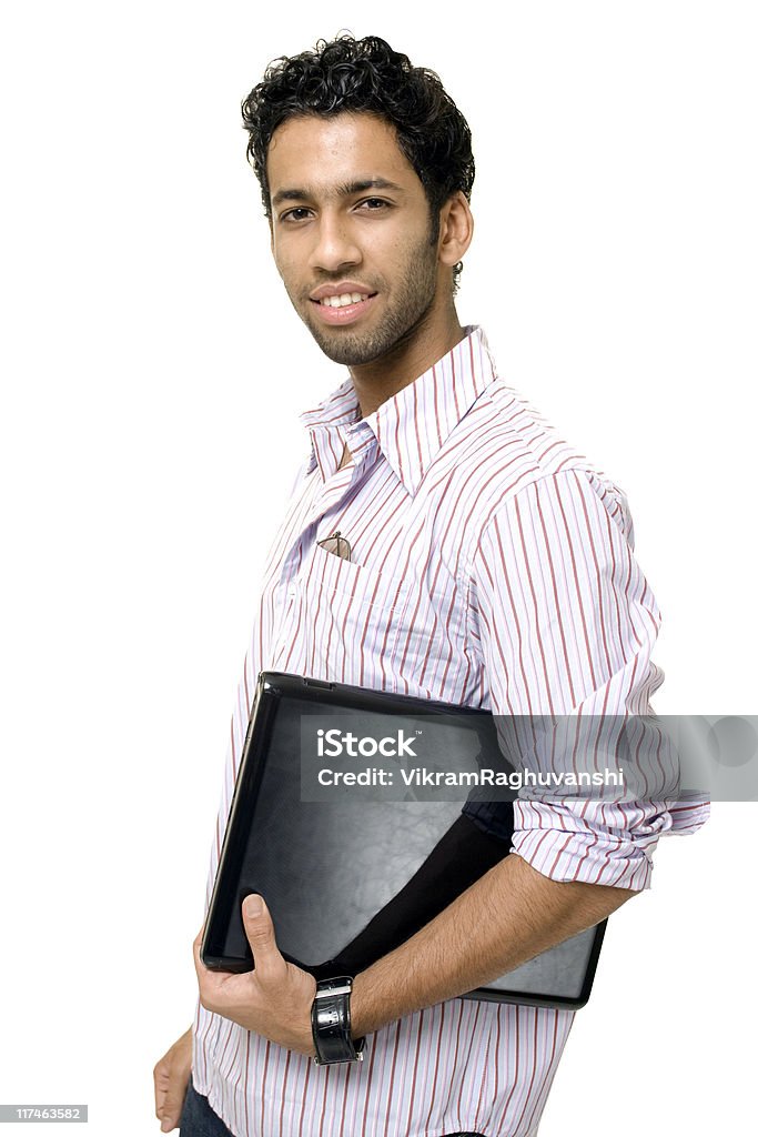 Young Indian ejecutivo estudiante con ordenador portátil Aislado en blanco - Foto de stock de Adulto maduro libre de derechos