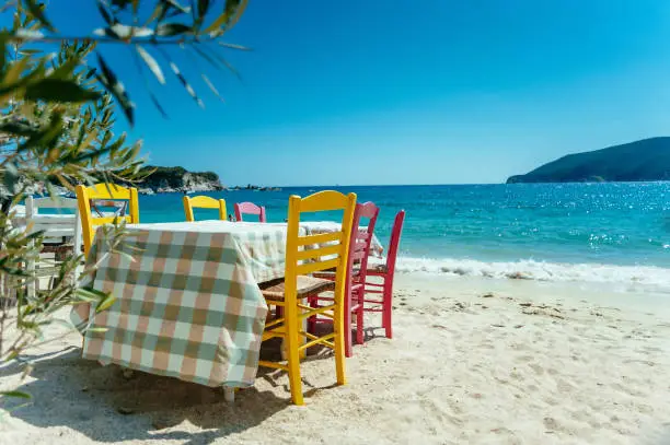 Photo of Beautiful Summer Scene in the Greece. Sithonia, Neos Marmaras. Copyspace Included.