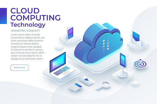 Illustration concept design of cloud computing technology. digital network connected to file and information with internet. Vector isometric illustrate.