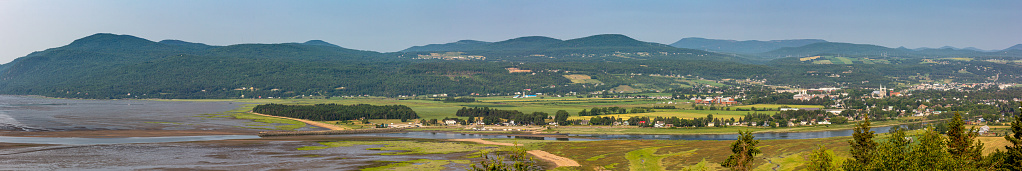 Panoramic view of St-Lawrence river in Charlevoix, Quebec, Canada. View of Baie St-Paul village