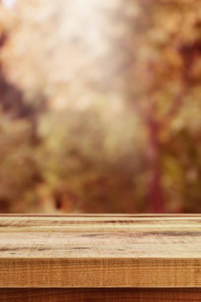 istock Wooden table and blurred bokeh autumn background. 1174642380