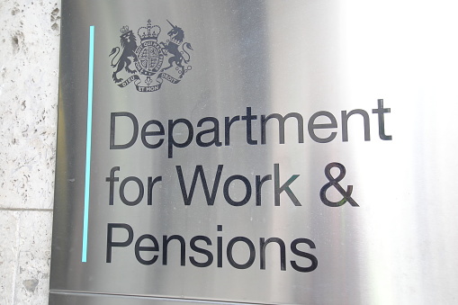 London England - June 4, 2019: Department for Work and Pensions office sign London UK