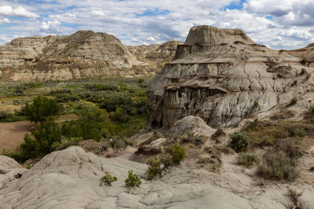 The Badlands in the Prairie of Alberta in Canada The Badlands in the Prairie of Alberta in Canada drumheller stock pictures, royalty-free photos & images