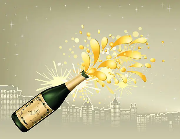 Vector illustration of Champagne Over a city silhouette