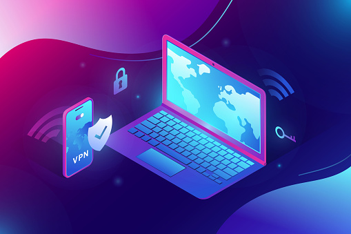 Trendy isometric 3d illustration of vpn security software for computers and smartphones. Notebook and app screen showing vpn connectiion. Gradient vivid electric color template for web banners.