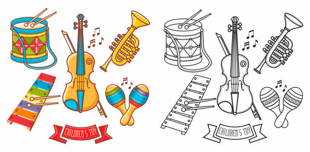 Musical instrument - Violin, drum, accordion, percussion, electric piano,  rhythmix, horn, saxophone, maracas. Cute cartoon musical instruments.Musical toy. Design elements set. Coloring book. Outline Musical instrument - Violin, drum, accordion, percussion, electric piano,  rhythmix, horn, saxophone, maracas. Cute cartoon musical instruments.Musical toy. Design elements set. Coloring book. Outline image electric piano stock illustrations