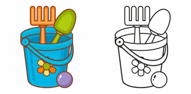 Vector illustration of Bucket toy, scoop, spatula, rake - Children's toy. Toys for kids in the sandbox. Design elements set.  Black and color vector illustration for coloring book. Outline silhouette line.