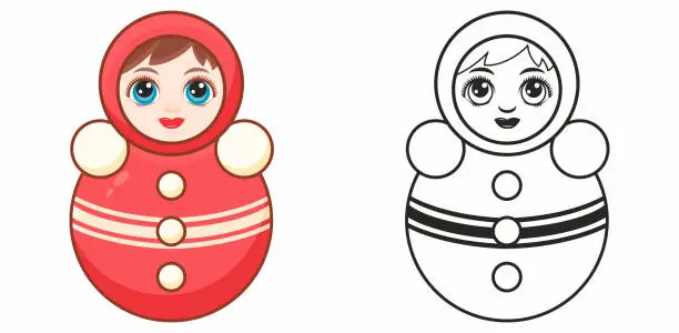 Vector illustration of Tumbler doll. Roly-Poly toy. Russian doll nevalyashka. Tilting doll. Punching clown. Matryoshka vintage, Nevalyashka roly poly. Weeble wobbles dolls. Musik dolls. Children's toy. Design elements set.