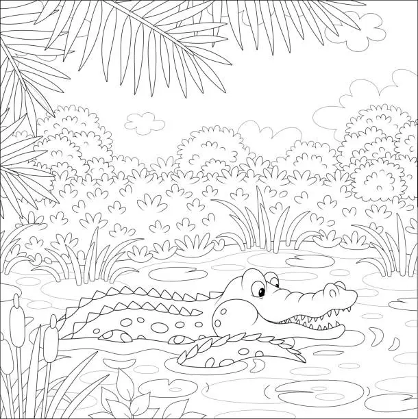 Vector illustration of Crocodile hunting in a lake