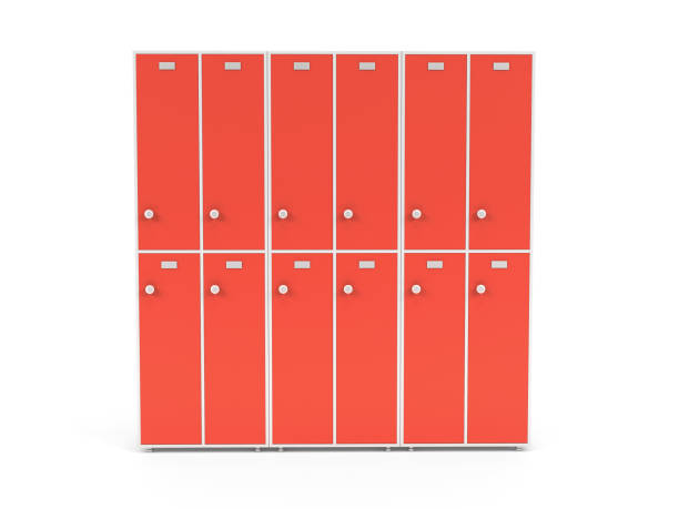 istock Red lockers with closed doors. Two row section of lockers for schoool or gym 1174647893