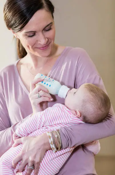 Photo of Mother feeding baby girl with bottle