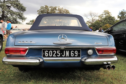 Mercedes 230 SL - Blue color - Convertible sports car 2 doors - Exhibition of collection vehicles \