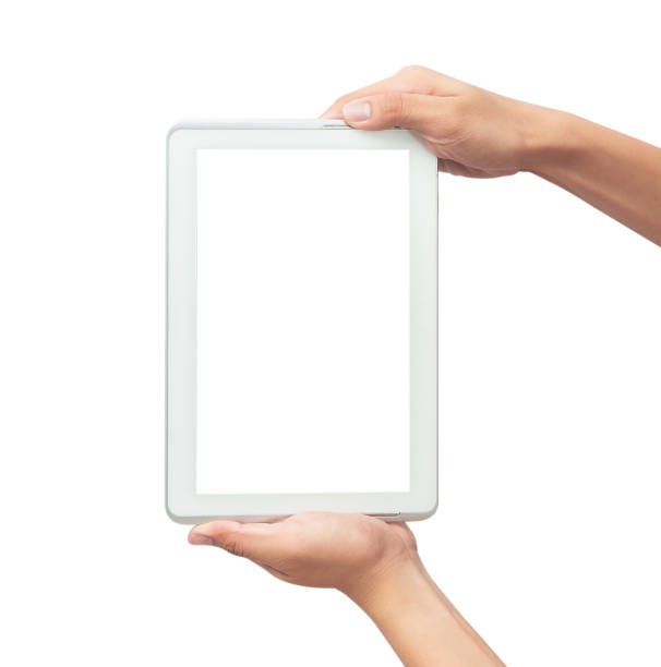 istock Male hand holding the white tablet pc computer with blank screen isolated on white background with clipping path 1174652574