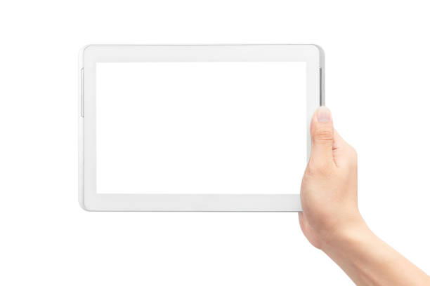 istock Male hand holding the white tablet pc computer with blank screen isolated on white background with clipping path 1174652621