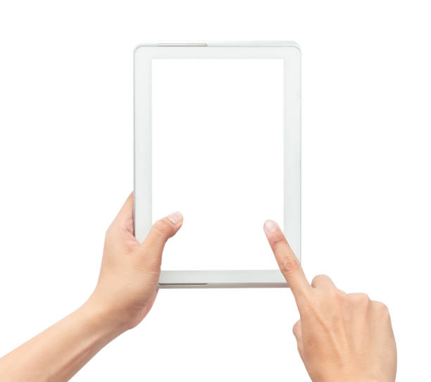 istock Male hand holding the white tablet pc computer and touching with blank screen isolated on white background with clipping path 1174652625