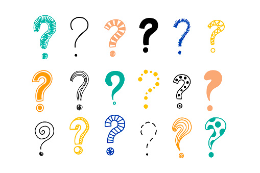 Big set of doodle drawings of question marks. Problem or trouble symbols. Hand-drawn vector elements.