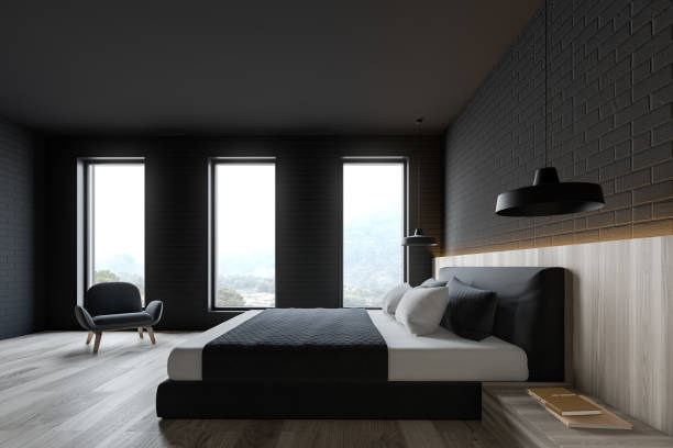 istock Side view of loft gray bedroom 1174652792