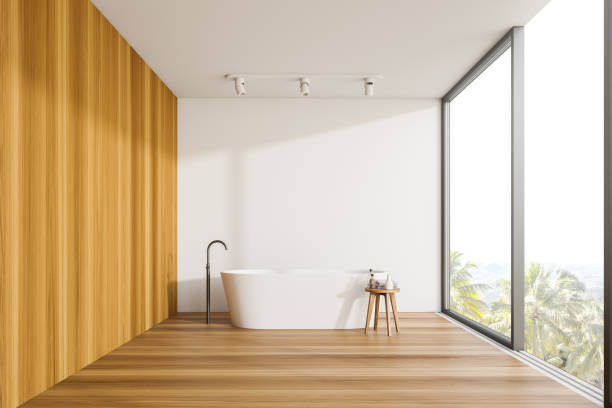 istock Minimalist loft white and wooden bathroom 1174653596