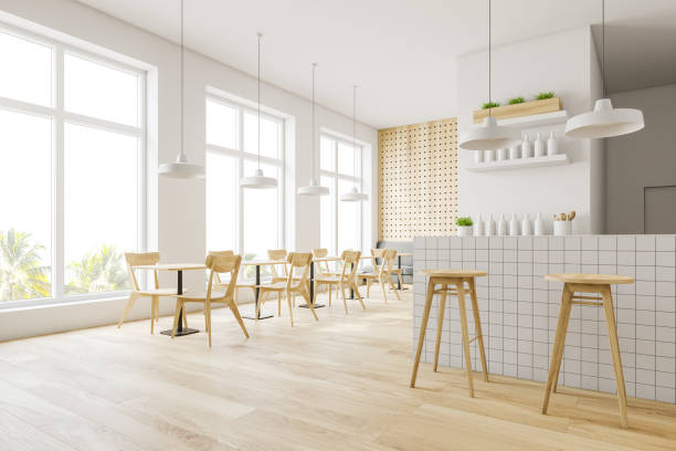 istock Minimalistic white and wooden bar corner 1174654147