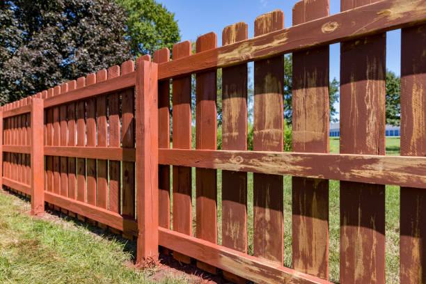 Wooden privacy fence in backyard with pickets being painted red landscape wood stain photos stock pictures, royalty-free photos & images