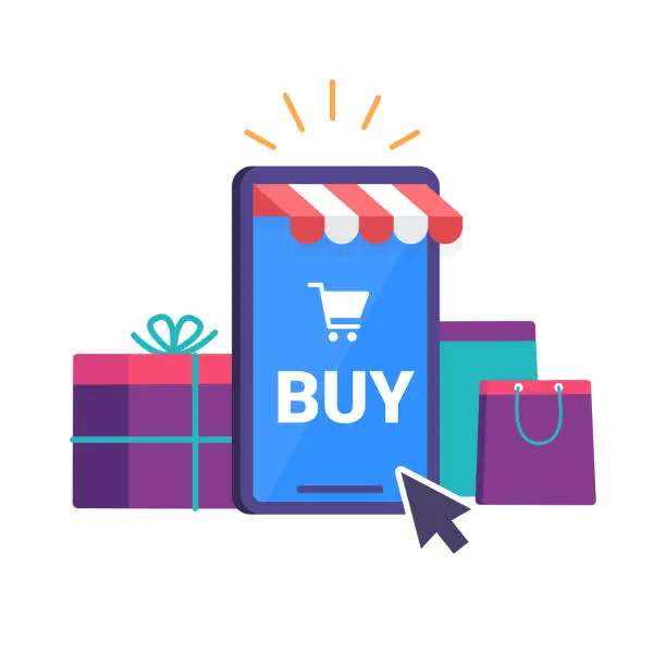 Vector illustration of Mobile online shopping illustration. Smartfon online shop. Mobile phone with bush, basket and blue screen.. Flat style Vector illustration.