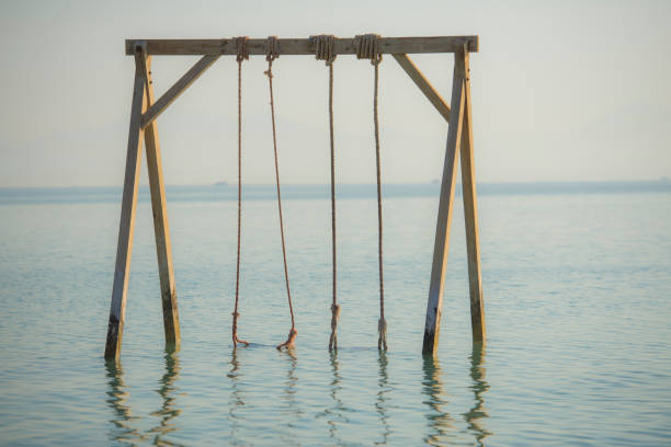 istock Wooden swing in shallow water on tropical beach 1174658423