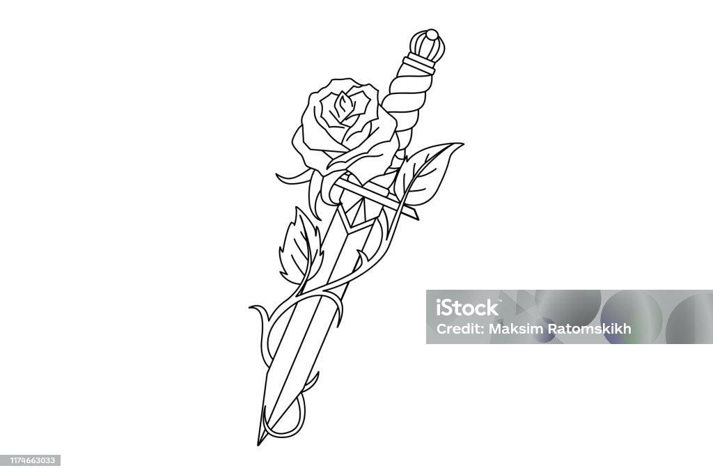 Traditional Tattoo With Rose Flower And Dagger Knife Stock Illustration -  Download Image Now - iStock