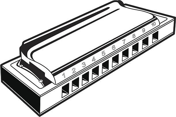 Monochromatic harmonica picture in perspective view Harmonica in black and white lines harmonica stock illustrations