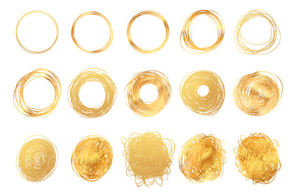 hand gezeichnet runde goldene bleistift kritzeleien rahmen. satz von rand gerissen gold-box. vektor-illustration schraffur folie kreise. isoliert auf weißem hintergrund. - wire framed stock-grafiken, -clipart, -cartoons und -symbole