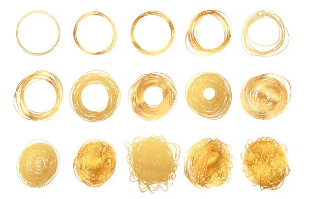 Vector illustration of Hand drawn round golden pencil scribble frames. Set of edge torn gold box. Vector illustration hatch foil circles. Isolated on white background.