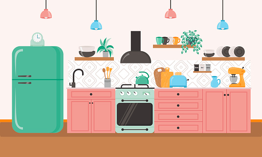 Furniture design banner concept. Kitchen interior inspirational design in flat colorful style. Dining area in the house, kitchen utensils.