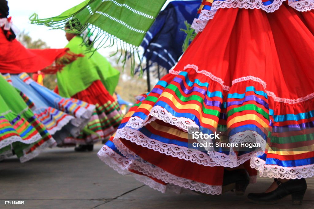 Colorful skirts fly during traditional Mexican dancing Close up of colorful skirts flying during traditional Mexican dancing. Young girls perform on a stage during an event celebrating Latino culture and heritage. Mexico Stock Photo