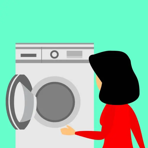 Vector illustration of The woman puts the laundry in the washing machine.