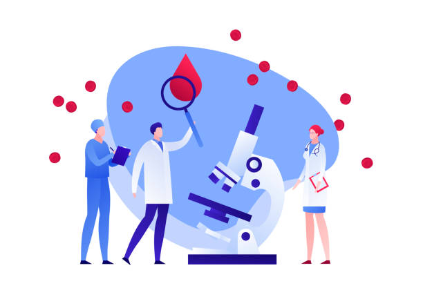 Scientist doctor team with magnifying glass and microscope study blood. Flat illustration. Vector flat blood laboratory character illustration. Medic team with magnifier and microscope study blood drop cell. Concept of dna, hiv diagnosis. Design element for poster, flyer, card, banner, ui biomedical illustration stock illustrations