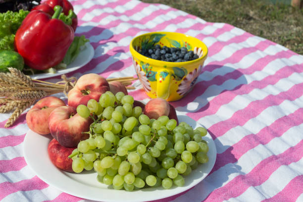 istock Grape and peach on a plate. Fruits close up. Beautiful picnic. 1174688301