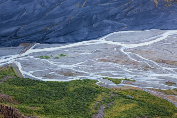 南アイスランドのモレーン氷河川の航空写真。 - ice arctic crevasse glacier ストックフォトと画像