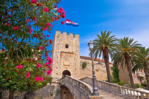Korcula town gate and historic architecture view, historic tourist destination in archipelago of southern Dalmatia, Croatia