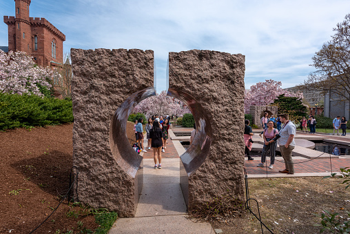 During National Cherry Blossom Festival, Tourists are visiting The Moongate Garden near S. Dillon Ripley Center in Washington, USA.