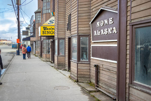 Nome, Alaska, USA - Septiembre 10th, 2019: Wooden storefronts on Front St in Nome, Alaska.