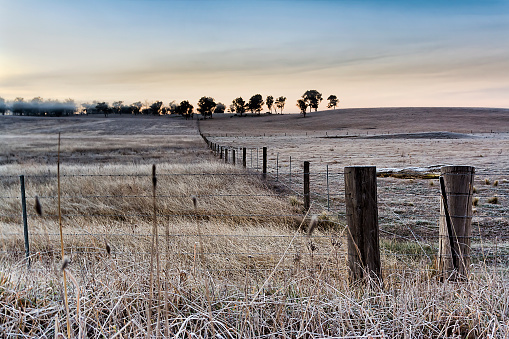 Agricultural farm in Australian Southern Highlands during winter season with frost on wires of paddock fense at sunrise.