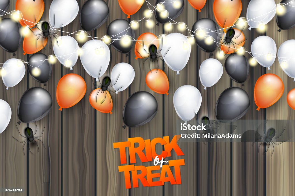 munt onbetaald fiets Trick Or Treat Background Design With Black White And Orange Helium  Balloons Glowing Lights Garland And Spiders Over Wooden Board Plank Wall  Halloween Design Page Vector Illustration Stock Illustration - Download  Image