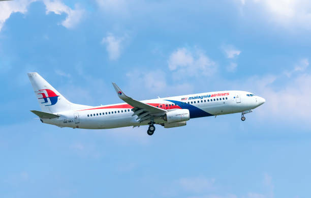 aereo boeing 737 della malaysia airlines che vola attraverso il cielo si prepara ad atterrare - wing airplane boeing 737 jet foto e immagini stock