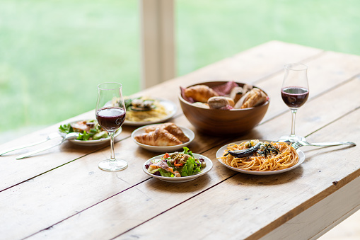 lunch cource on wooden table