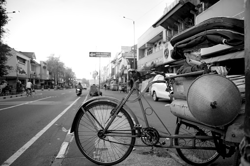 Yogyakarta, Indonesia - December 2018. Morning contidion in malioboro street when a rickshaw waiting the passenger as tourist attraction in Yogyakarta