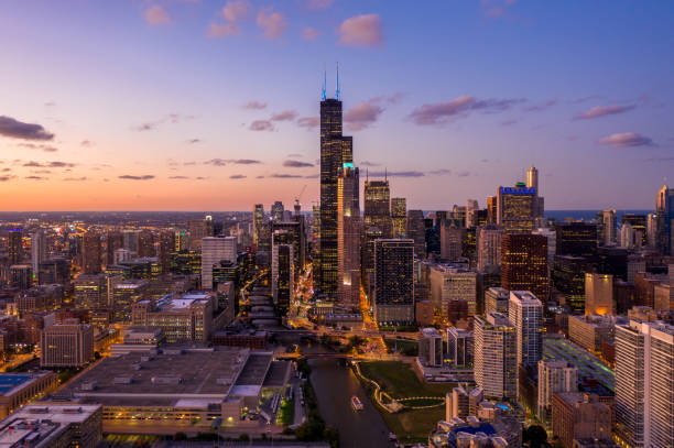 Chicago Cityscape at Blue Hour Chicago Cityscape at Blue Hour - Aerial blue hour twilight photos stock pictures, royalty-free photos & images