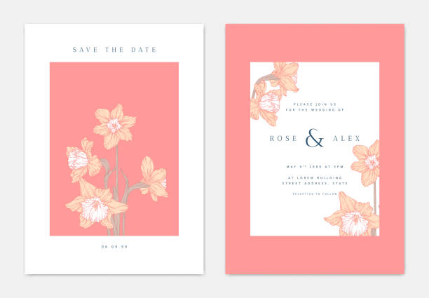 istock Minimalist botanical wedding invitation card template design, daffodil flowers line art ink drawing, red and white tones 1174739919