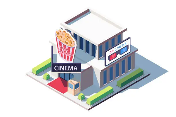 Vector illustration of 3d isometric public cinema building with popcorn.