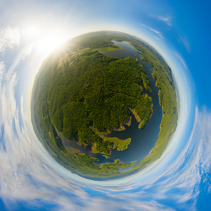 Little planet 360 degree sphere birds eye view. Panoramic view over Mae Chang Reservoir, Mae Moh, Lampang, Thailand - Drone.