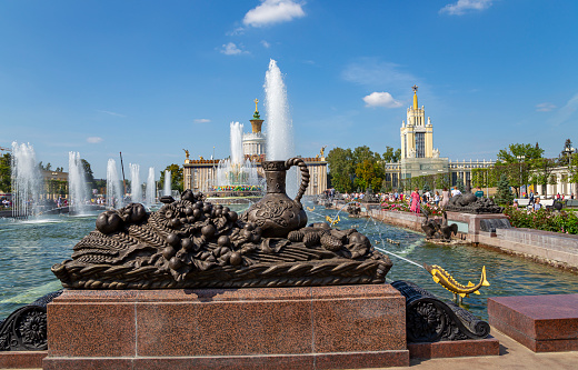 MOSCOW, RUSSIA - AUGUST  20, 2019: Fountain Stone Flower at VDNKh in Moscow. VDNKh (called also All-Russian Exhibition Center) is a permanent general-purpose trade show in Moscow, Russia
