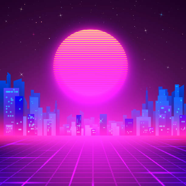 istock Silhouetted Night City on Skyline. 80s Retro Sci-Fi Background. Cyberpunk or Futuristic Design in 80s Style. Vector illustration 1174748444